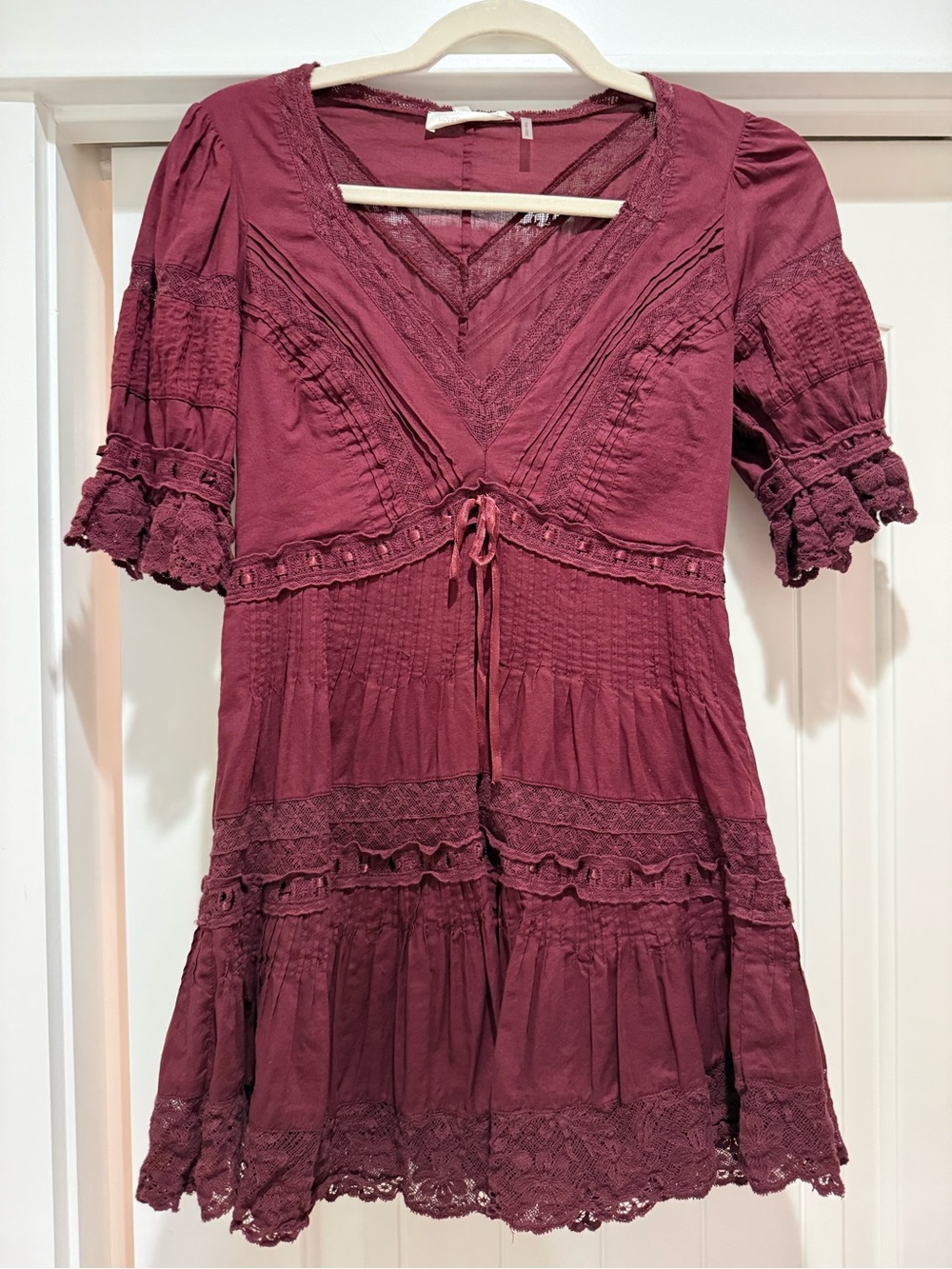 LoveShackFancy Burgundy Lace-Trim Mini Dress